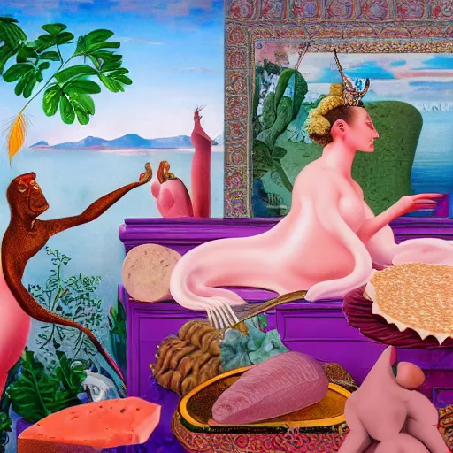 Image similar to a highly detailed oil painting of a pink dolphin queen and a pangolin king ruling a cheese kingdom where everything is made from different types of cheese, surreal, 4 k, trending on art station, in the style of dali, boch, matisse caravaggio, comical