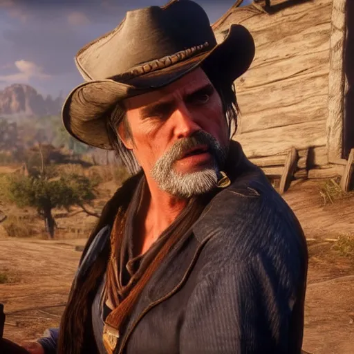 Image similar to jim carey stars as dutch van der linde in the playstation 4 video game red dead redemption 2, detailed screenshot beautiful!