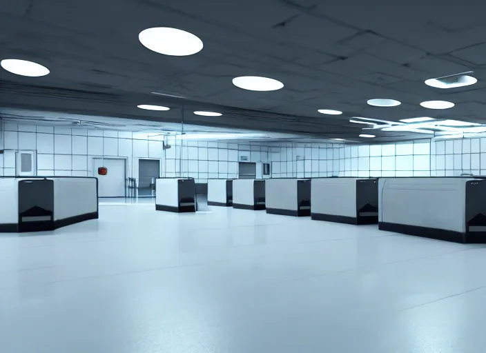 Image similar to cctv footage of a large white empty breakroom with a security checkpoint, retrofuturist liminal space, familiar place, clean, black mold, amateur, unreal engine, photorealistic, trending on artstation