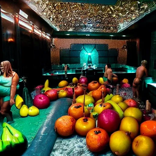 Image similar to a photo of a nightclub. fat men in swimsuits and giant fruit and vegetables all over the floor.