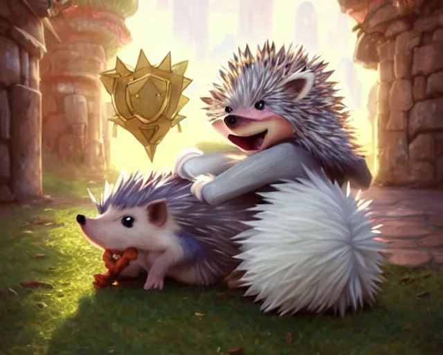 Image similar to a super cute anthropomorphic hedgehog from final fantasy, outside a big pokemon sword and shield school, deep focus, d & d, fantasy, intricate, elegant, highly detailed, digital painting, artstation, concept art, matte, sharp focus, illustration, hearthstone, art by artgerm and greg rutkowski and alphonse mucha