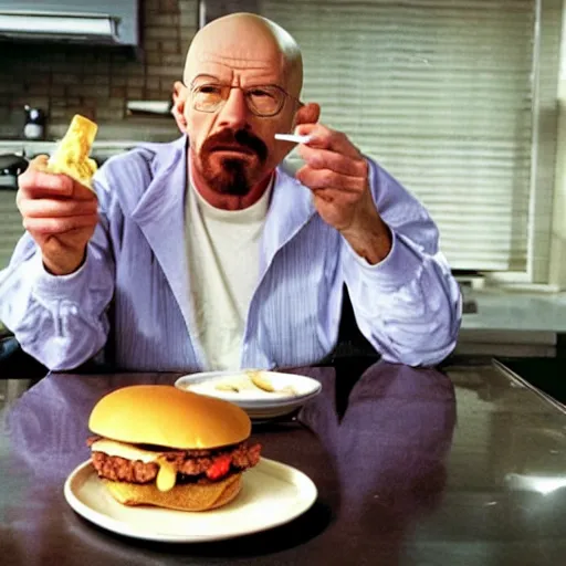 Image similar to walter white from breaking bad eating a cheeseburger