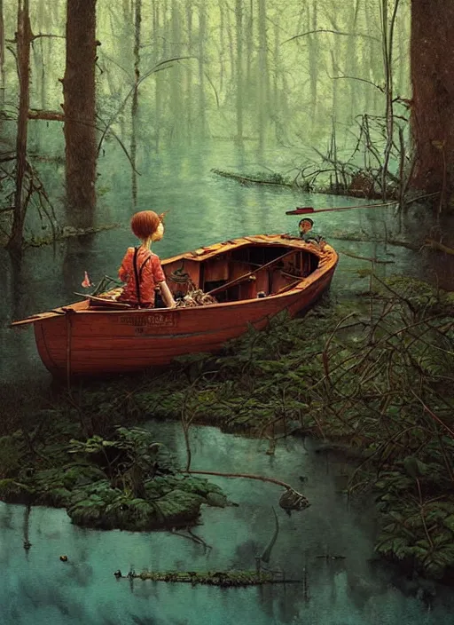 Image similar to boat in the woods by a river gorgeous lighting, lush forest foliage blue sky a hyper realistic painting by chiara bautista and beksinski and norman rockwell and greg rutkowski, tom bagshaw weta studio, and lucasfilm