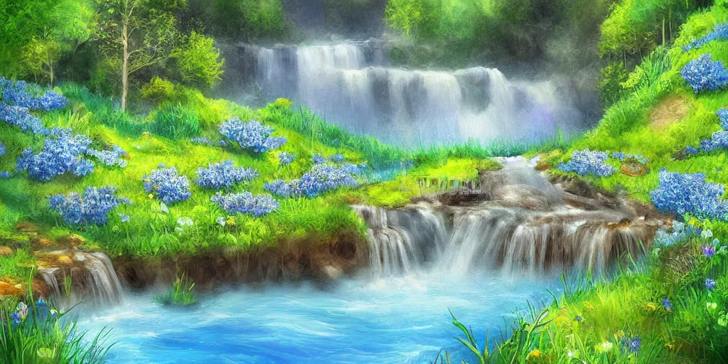 Image similar to a fantasy meadow landscape with waterfall, lake, river, and patches of blue flower, digital art, painterly