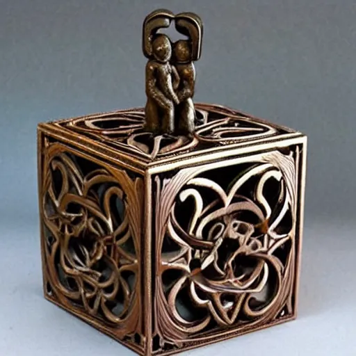 Image similar to intricate art nouveau sculpture companion - cube!!!!!!!!!!!!!!!!! companion - cube!!!!!!!!!!!!!!!!! small - heart on side