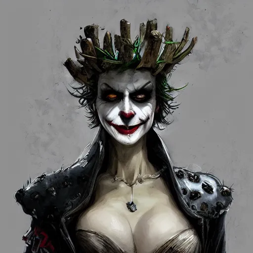 Image similar to joker as an attractive mature smiling woman wearing a mushroom crown and heavy armoured wedding dress, face portrait, hd shot, digital portrait, elegant, beautiful, fantasy art, artstation, comic style, by artgerm, guy denning, jakub rozalski, magali villeneuve and charlie bowater