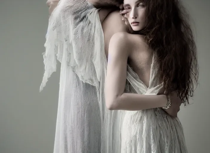 Image similar to jesus hugging a woman from behind, spirit hugs, in style of paolo roversi, britt marling style 3 / 4, long hair, a beautiful ethereal lace white robe, 8 k, soft focus, soft light, volumetric lighting, highly detailed realistic, refined, highly detailed, natural outdoor soft pastel lighting colors scheme