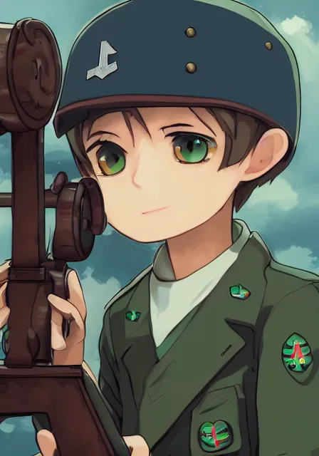 Image similar to beautiful little boy in nazi uniform posing while hold an canon. red, green, blue and gray pallet color. made in abyss art style, inspired by kris from deltarrune, cute detailed artwork, anatomically correct, soft details, ilya kuvshinov, reflection, perfect composition, mobile wallpaper, illumination, digital art, detailed anime soft face