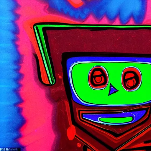 Image similar to Trippy robot is angry at the colour of his new paint job - he has been mis-repainted, realistic photograph