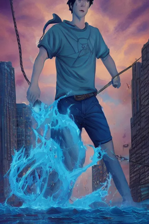 Prompt: percy jackson illustration, walter scobell, city of new york, artstation