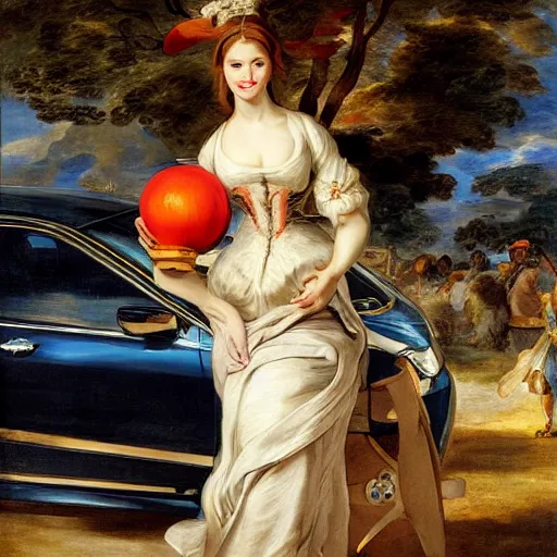 Image similar to heavenly summer sharp land sphere scallop well dressed lady standing next to a honda civic, auslese, by peter paul rubens and eugene delacroix and karol bak, hyperrealism, digital illustration, fauvist, standing next to a honda civic