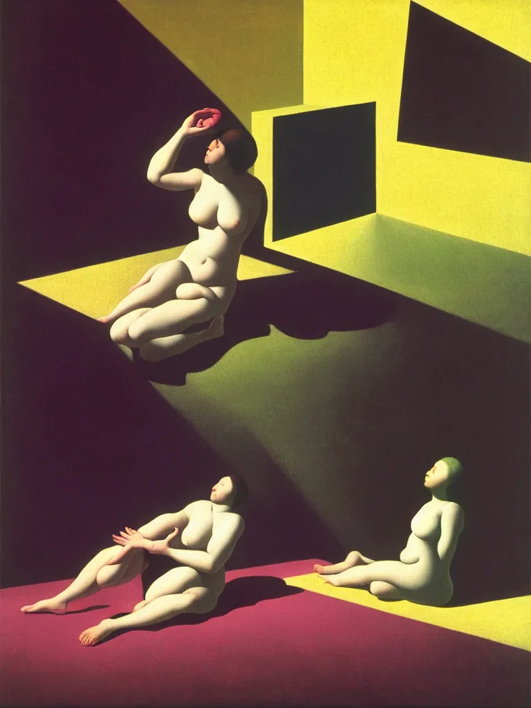 Image similar to hyperrealistic still life wide shot a woman sitting on the ground relaxing, sacred geometry, light refracting through prisms, by caravaggio, surrealism, vivid colors, serene, golden ratio, rule of thirds, negative space, minimalist composition, by rene magritte and james turrell