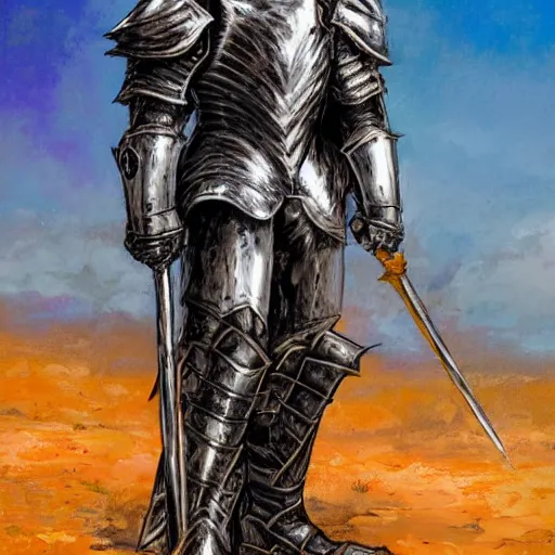Prompt: a gritty fantasy knight in heavy silver armor holding a large staff standing in a desert, comic book art, fantasy, oil painting, art by jim lee, bright, golden hour, dramatic,