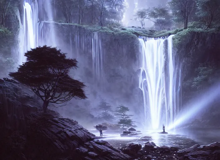 Image similar to detailed intricate digital illustration by greg rutkowski and artgerm and wlop and sanford robinson gifford ; 2 0 0 4 vehicle, glowing headlights, shimmering waterfall in background ; 1 3 mm film, close up head on arri alfa anamorphic lens ; sharp focus, bright morning lighting with shimmering highlights and rays of light, trending on artstation 4 k