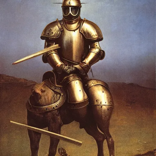 Prompt: painting of a medieval knight with heavy armor wearing gas mask by George Stubbs, zdzisław beksiński, renaissance painting, oil painting, old master