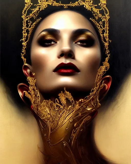 Image similar to portrait of a beautiful goddess, enigmatic beauty, dominant shades of black, gold, silver, dark red, white, head in focus, fantasy art, ornamental aesthetics, intricate, elegant, highly detailed, hyperrealistic painting, artstation, concept art, painterly, sharp focus, illustration, art by karol bak