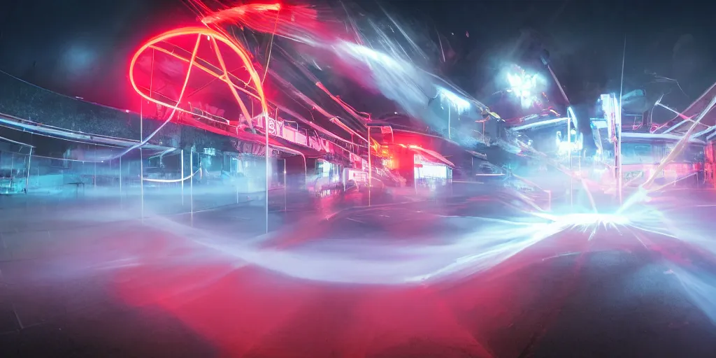 Image similar to slow motion with trail effect of futuristic break dancers, long exposure shot , bullet time effect, at night there is fog and a giant red neon triangle emitting energy, paddle of water, steam, water splashes, rim lights, glossy reflections, water droplets on lens, octane render, detailed and soft, 10mm fisheye