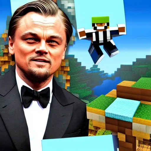 Image similar to leonardo di caprio in minecraft destroys evilarthas home