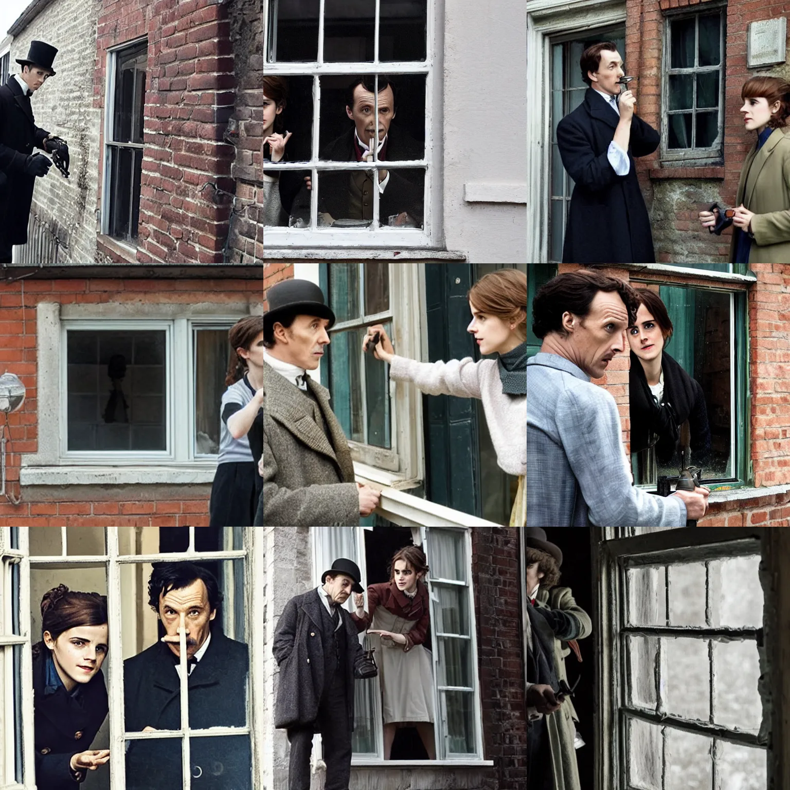 Prompt: Sherlock Holmes and his assistant Emma Watson investigating a broken window (2066)
