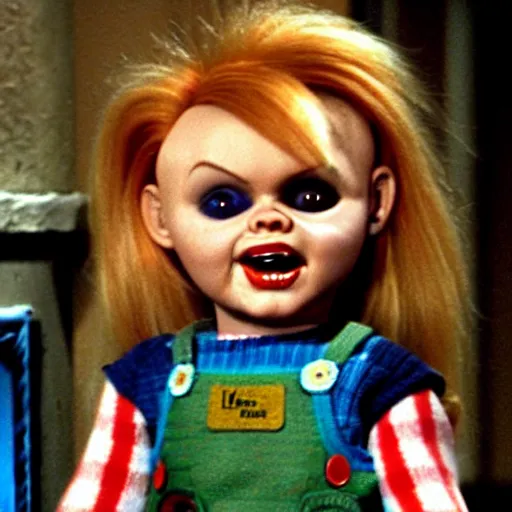 Image similar to Chucky the killer doll from the movie Child's Play in an episode of I love lucy