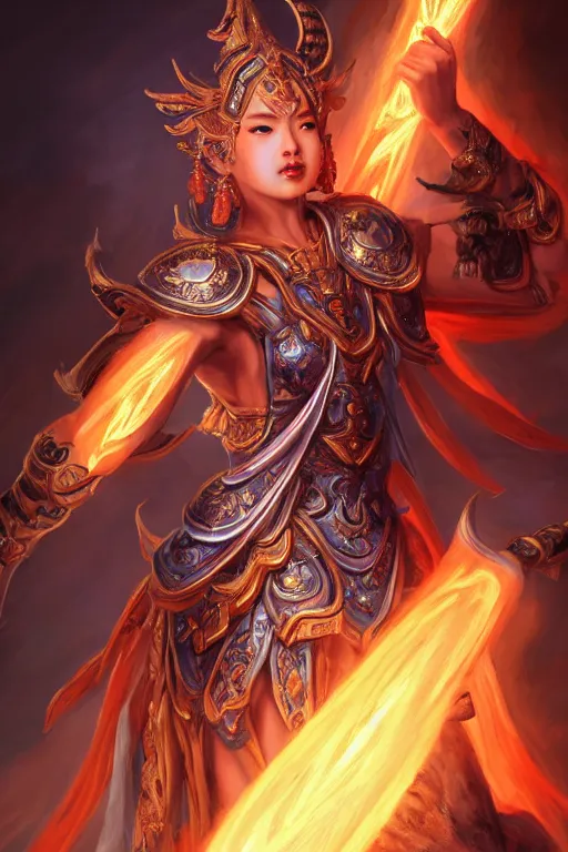 Image similar to a masterpiece portrait of nezha, legendary god holding spear, flame everywhere, epic pose, fantasy character portrait, closeup shot, hyper detailed, digital painting, 8 k realistic, trending on artstation, sharp focus, dof, by fenghua zhong, artgerm, ne zha from smite, jeff easley, raymond swanland