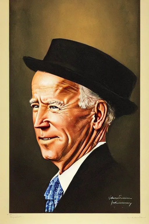 Prompt: “portrait of Joe Biden, impeccably dressed, wearing trilby hat, by norman Rockwell”