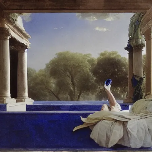 Prompt: gardens of marble draped in floating flowing sheets of cobalt blue satin and silver satin, by ivan aivazovsky and pieter claesz and paul delaroche and alma tadema and august malmstrom and willem claesz heda and aelbert cuyp and gerard ter borch and moebius and syd mead and roger dean, hyperrealistic, volumetric light, octane render