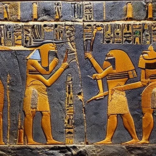 Prompt: a fragment of ancient egyptian hierographic panel of people using a smartphone