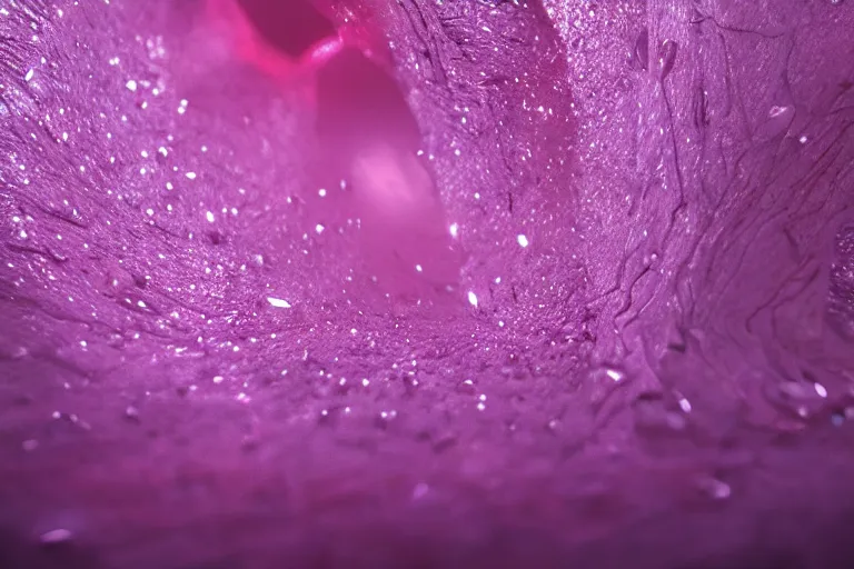 Image similar to film still, pink diamonds cascade like waterfalls from her eyes, cinematic lighting, ray tracing, unreal engine 5, photorealistic, 8 k, uhd, extremely detailed, beautiful, elegant, intricate, foggy, golden ratio, medium close - up, perfect composition, dramatic, medium close - up