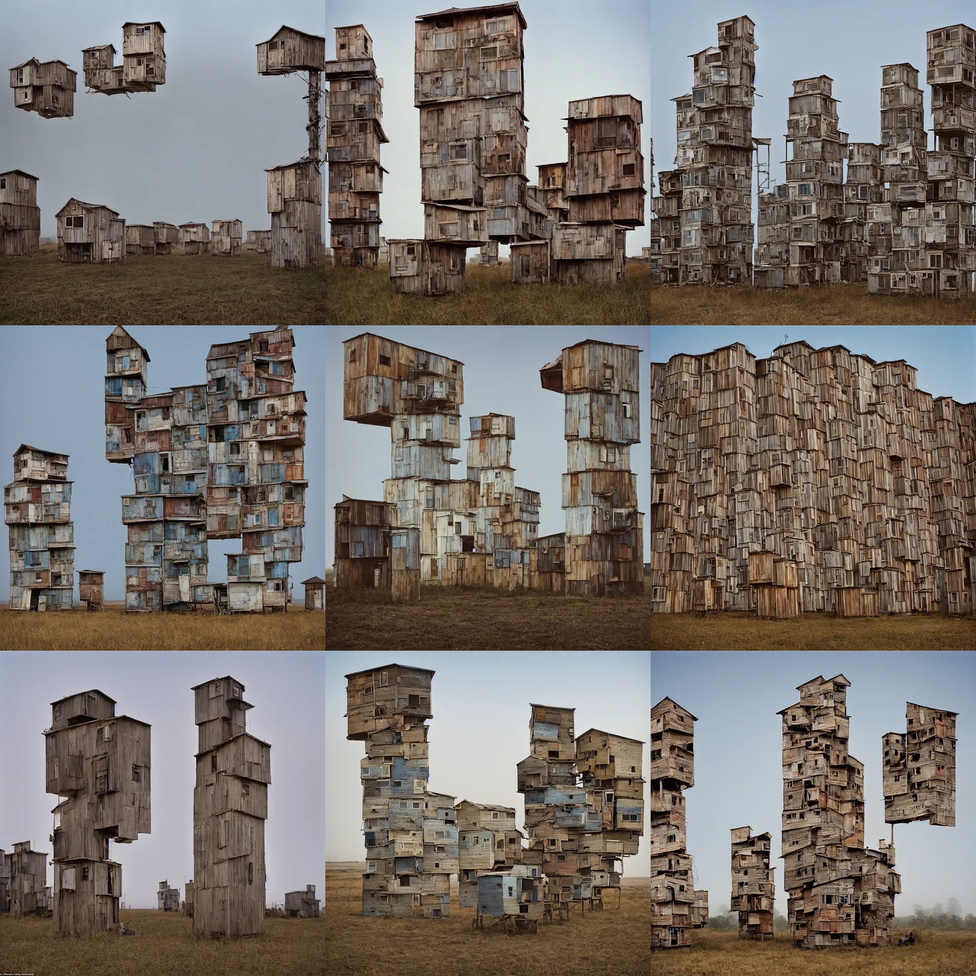 Prompt: high towers, made up of stacked makeshift squatter shacks with faded colours, plain uniform sky at the back, misty, mamiya, ultra sharp, very detailed, photographed by julie blackmon