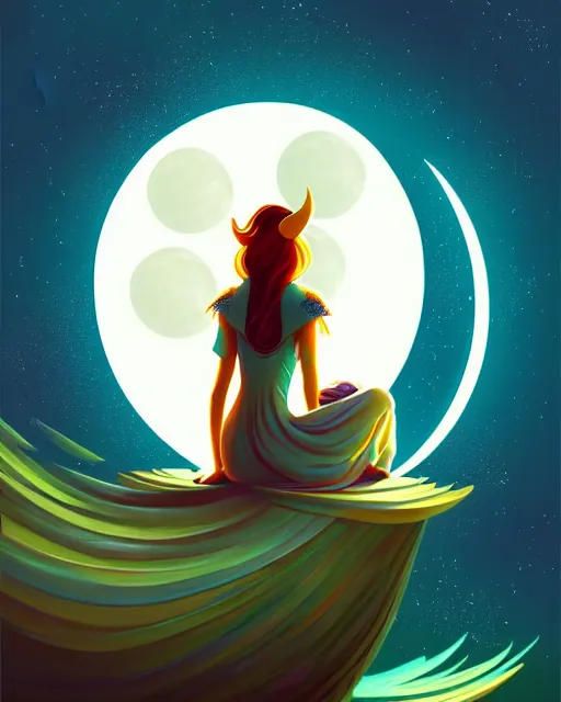 Image similar to beautiful painting of elven sitting on her flying bed and looking at the moon, petros afshar, illustration, highly detailed, simple, smooth and clean vector curves, no jagged lines, vector art, smooth, artstation