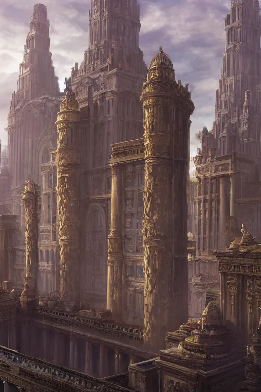 Image similar to gigantic palace, adorned pillars, towers, landscape, alex ross, neal Adams, david finch, concept art, matte painting, highly detailed, rule of thirds, dynamic lighting, cinematic, detailed, denoised, centerd