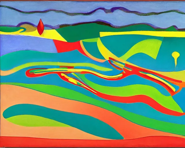 Prompt: A wild, insane, modernist landscape painting. Wild energy patterns rippling in all directions. Curves, organic, zig-zags. Saturated color. Childrens art. Matisse. Wayne Thiebaud.