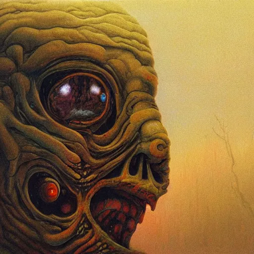 Prompt: Painting in a style of Beksinski featuring a giant alien crying. Pain and suffering in the background