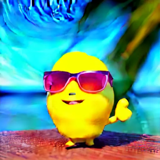 Prompt: 3 d render, octane render, very very very cute!!!!!! chibi lemon character sipping on a delicous caribbean drink wearing sunglasses relaxing on a tropical beach at sunrise