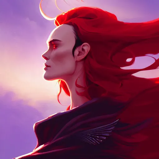 Image similar to beautiful female mage with red hair, keira knightley, black clothing, dark feathered wings, intricate, highly detailed face, cory behance hd by jesper ejsing, by rhads, makoto shinkai and lois van baarle, ilya kuvshinov, rossdraws global illumination