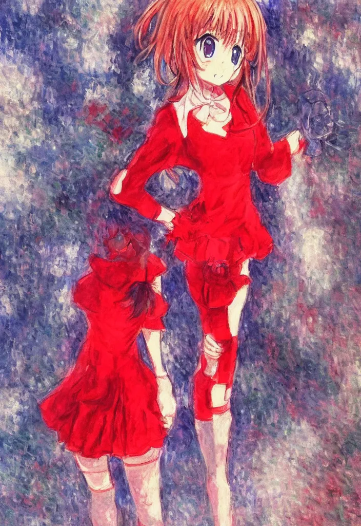 Prompt: medium shot portrait, a cute red outfit, tokyo anime scene, very anime in impressionist style, anime trending artwork, anime painter studio, by claude monet
