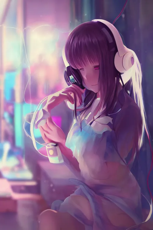 Image similar to an anime girl listening to music on headphones, candy pastel, backlighting, trending on pixiv, digital art, by kawacy