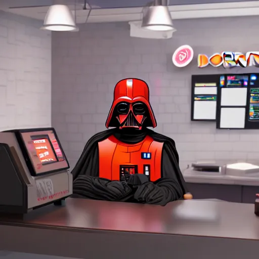 Image similar to darth vador working at dunkin donuts , 8k cinematic lighting, very sharp detail, anatomically correct