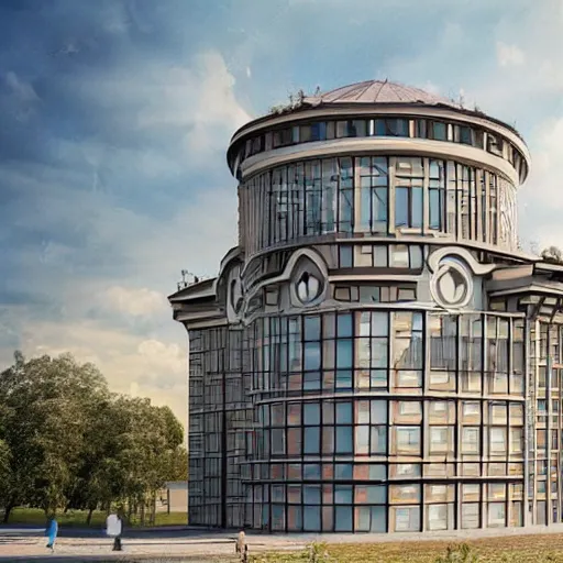 Image similar to contemporary architecture building designed in russian ethnic style, hyper realistic illustration