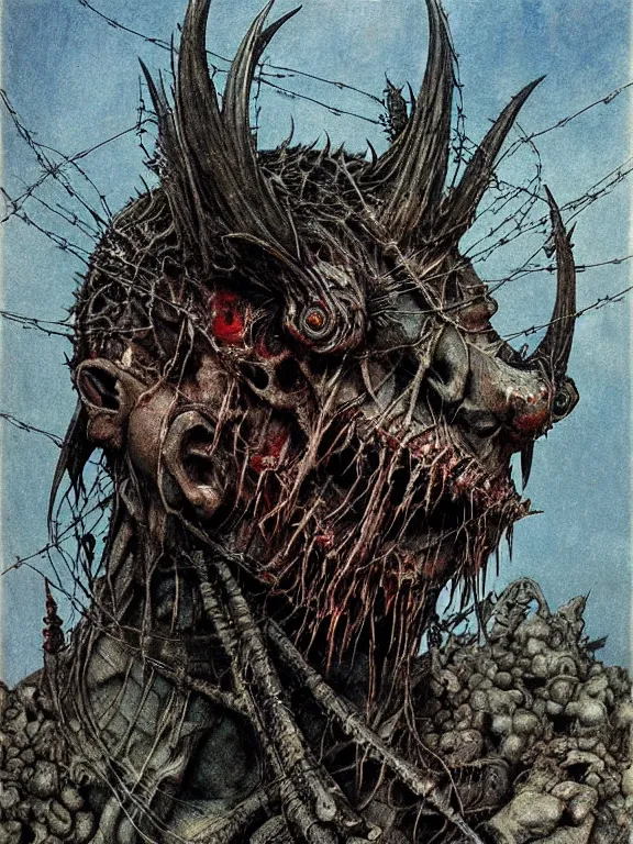 Prompt: A creepy armored horned fanged demon woman with blue scarred skin wrapped in barbed wire. Extremely high detail, realistic, fantasy art, solo, bones, masterpiece, saturated colors, ripped, torn, tangled, art by Zdzisław Beksiński, Arthur Rackham, Dariusz Zawadzki