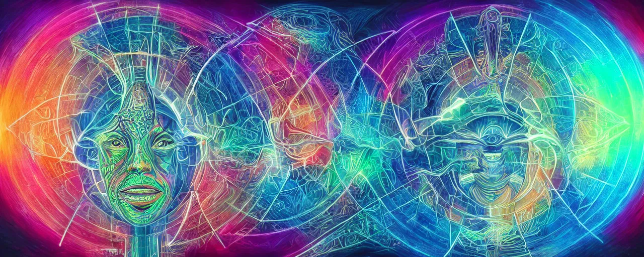 Image similar to transcendence into collaborative intelligence, endless collaboration with ai, connectedness, body, by alex grey, album cover, award winning, beautiful, colorful, volumetric lighting, trending on artstation, cinematic