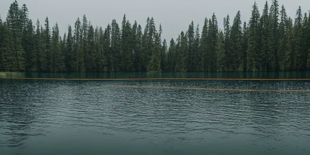 Prompt: an long rope zig - zagging across the surface of the water into the distance, floating submerged rope stretching out towards the center of the lake, a dark lake on an overcast day, atmospheric, color film, trees in the background, 4 k photo, anamorphic lens