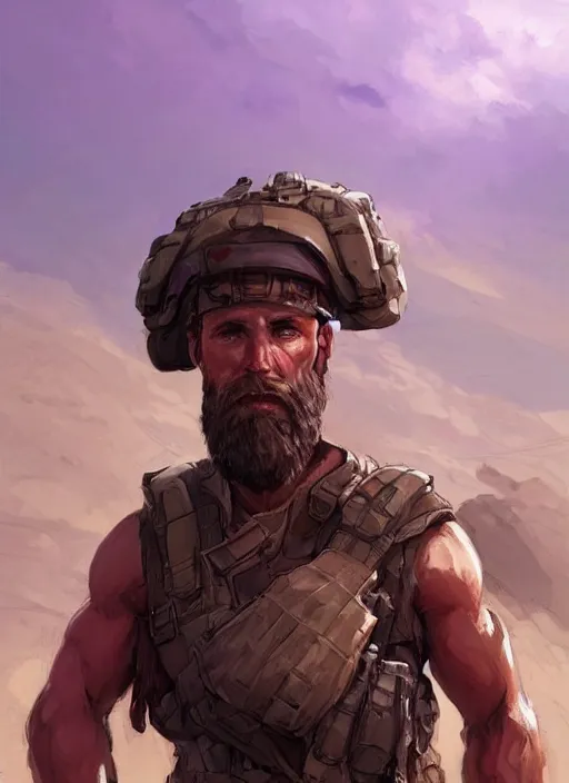 Prompt: purple scene lighting, detailed character portrait!!! concept art, strong muscular white male, soldier with beard, short hair, in a soldier uniform, desert with city in the background, sharp focus, illustration, highly detailed, digital painting, concept art, matte, art by wlop and artgerm and greg rutkowski, masterpiece