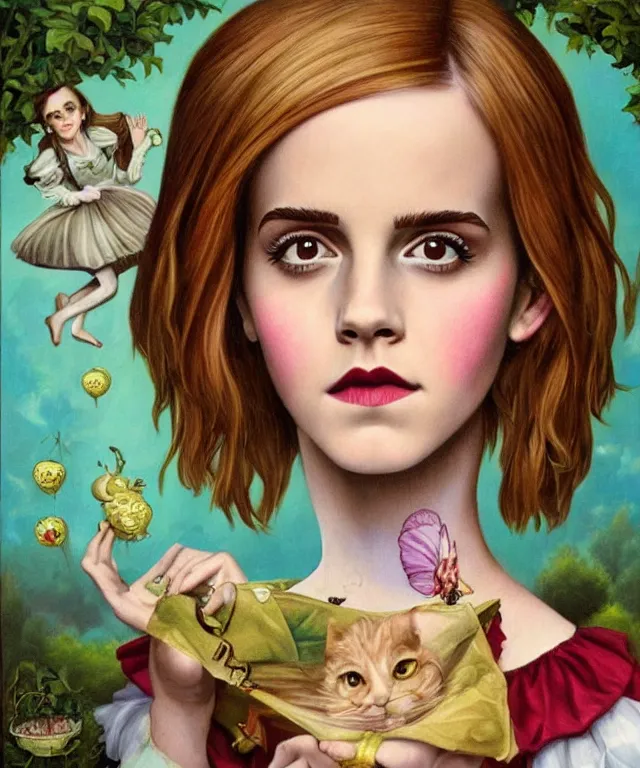 Image similar to portrait of Emma Watson in wonderland, lowbrow painting by Mark Ryden