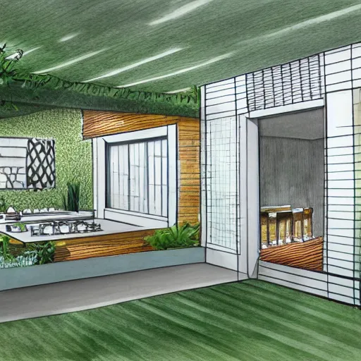 Image similar to modern garden kitchen design, designer pencil sketch, HD resolution