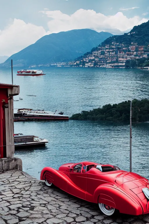 Image similar to Photo of a red 1939 Delahaye parked on a dock with Lake Como in the background, wide shot, daylight, blue sky, summer, dramatic lighting, award winning, highly detailed, 1980s, luxury lifestyle, fine art print, best selling.