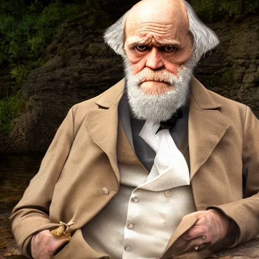 Image similar to charles darwin in a women's bikini realistic 8 k hdr photograph