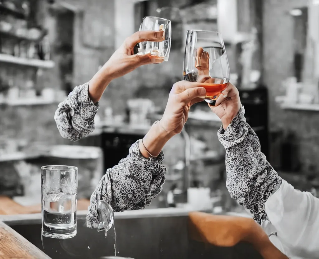 Prompt: first person point of view of a woman holding a glass infront of kitchen sink