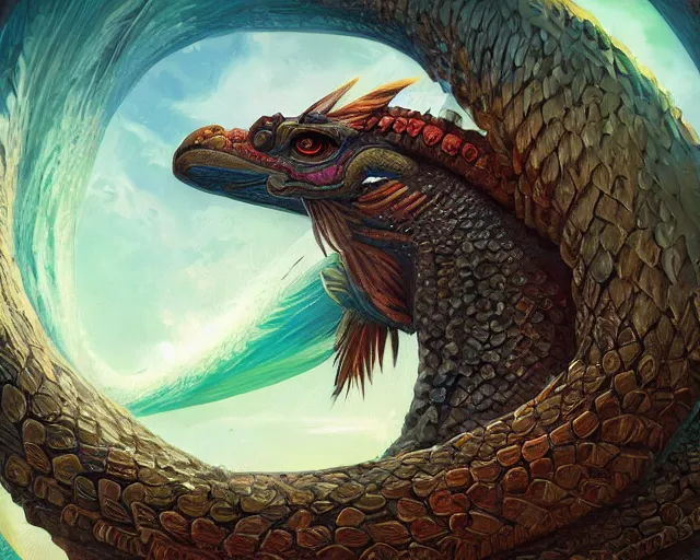 Prompt: digital painting of quetzalcoatl by filipe pagliuso and justin gerard, symmetric, fantasy, detailed, intricate, sharp focus, tarot card, gwent